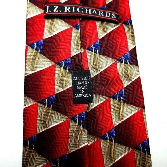 JZ Richards Silk Tie Print Red Geometric Wide Hand Made - Picture 4 of 7